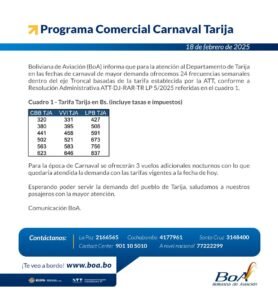 BOA presenta programa comercial para el Carnaval de Tarija
