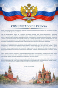 Embajada de Rusia rechaza vínculos con supuesto reclutamiento de bolivianos para la guerra